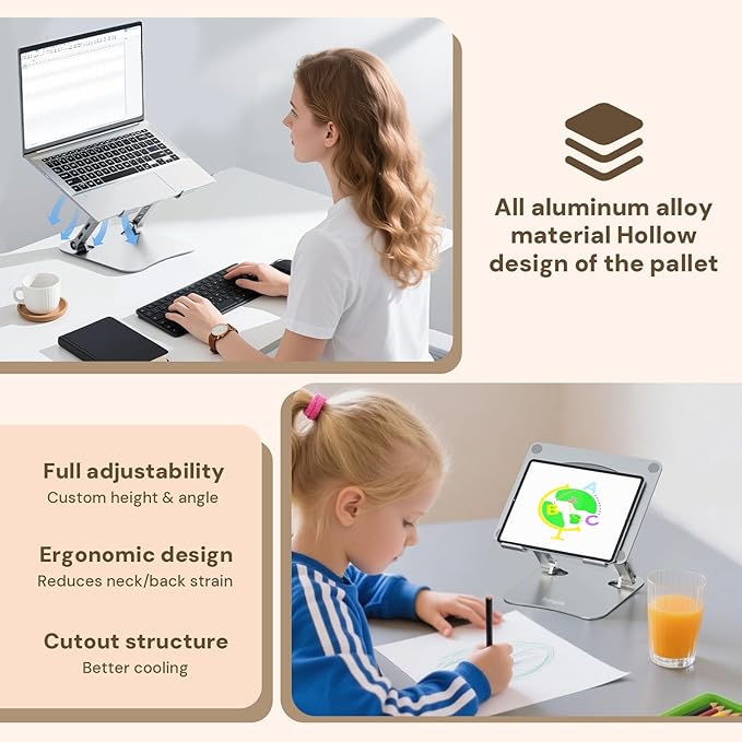 Laptop Stand for Desk – 2.5mm Aluminum Ergonomic Riser, Adjustable Height & Angle, Sturdy Yet Lightweight, Fits 10-17.3 Inch MacBook Pro/Air, Dell XPS, HP,Silver.