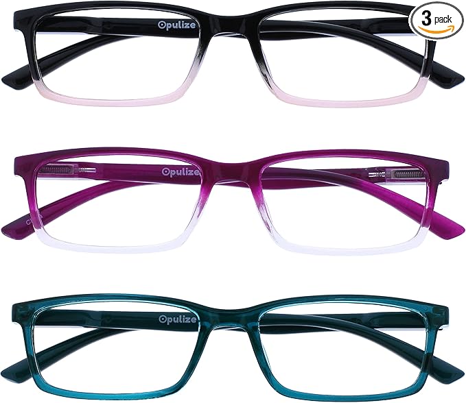 OPULIZE SEE Reading Glasses with Blue Light Blocking for Women and Men, Narrow Frame, Spring Hinges, Computer Gaming Glasses, Black to Pink,Purple,Turquoise +2 (Pack of 3)