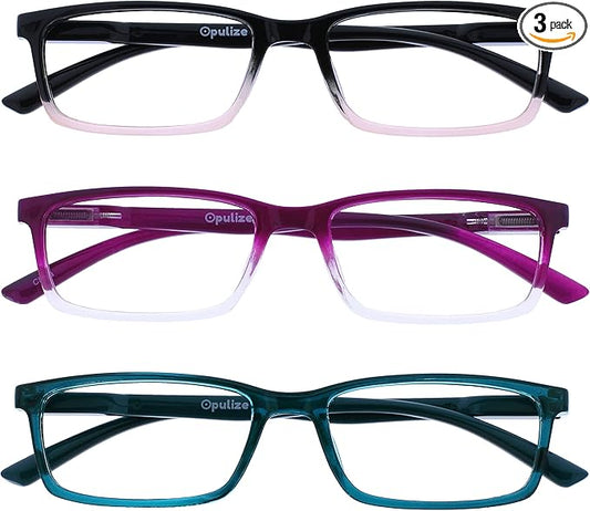OPULIZE SEE Reading Glasses with Blue Light Blocking for Women and Men, Narrow Frame, Spring Hinges, Computer Gaming Glasses, Black to Pink,Purple,Turquoise +2 (Pack of 3)