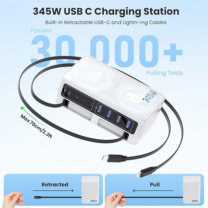 345W USB C Charger Block with 2 Built-in Retractable Cables,10-in-1 GaN IV USB C Charging Station,PD 65W Laptop Charger Power Adapter for MacBook Pro/Air,DELL,iPhone16/15/14,Galaxy S24,Android