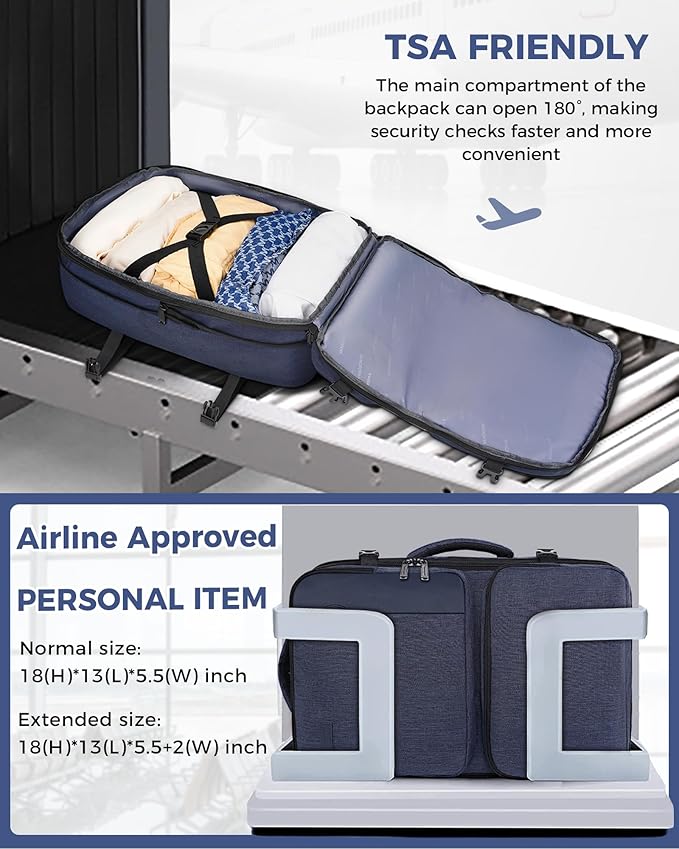 Vancropak Personal Item Backpack for Airlines, Expandable Travel Backpack with 3 Packing Cubes, TSA Flight Approved Carry on Travel Bag, Large Water Resistant Luggage Suitcase bag for Men Women, Blue