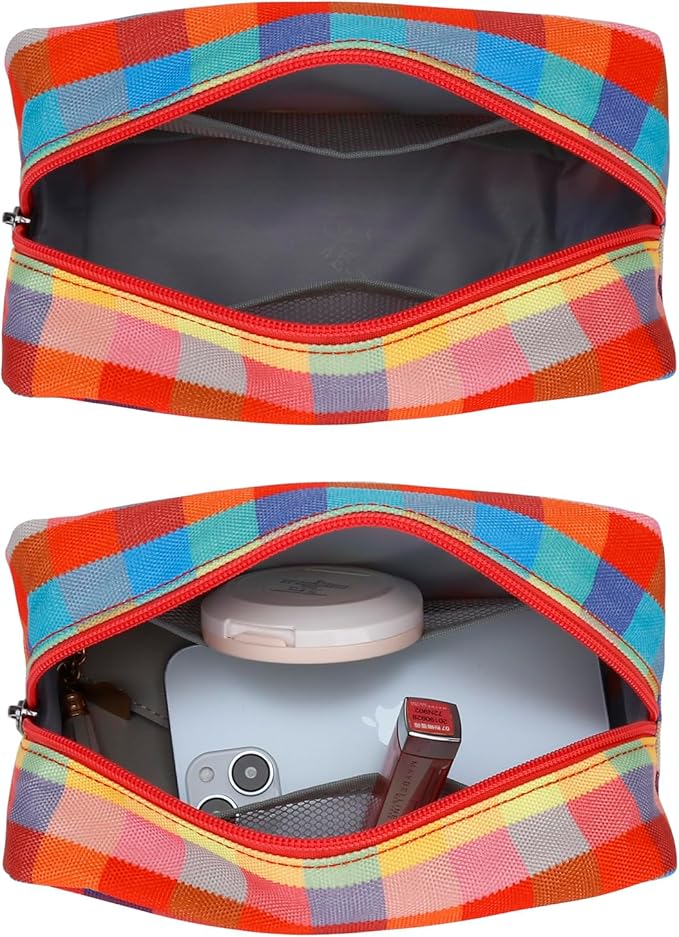 E-Tree Cute Makeup Bag,Travel Make up Pouch for Purse,Zipper Toiletry Cosmetic Brush Skin Care Case for Women Man,Tech Electronic Organizer,Small Canvas Storage for Personal Items,Colorful Checkered