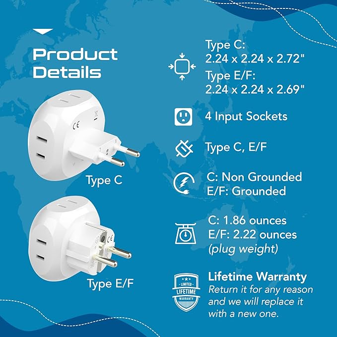 Ceptics Europe Travel Adapter Plug Set Schuko - 4 Input - Ultra Compact - Light Weight Type C, Type E/F - USA to Any Type C E/F Countries Such as Germany, France- 4 Pack (PT-9-9C-4PK),White