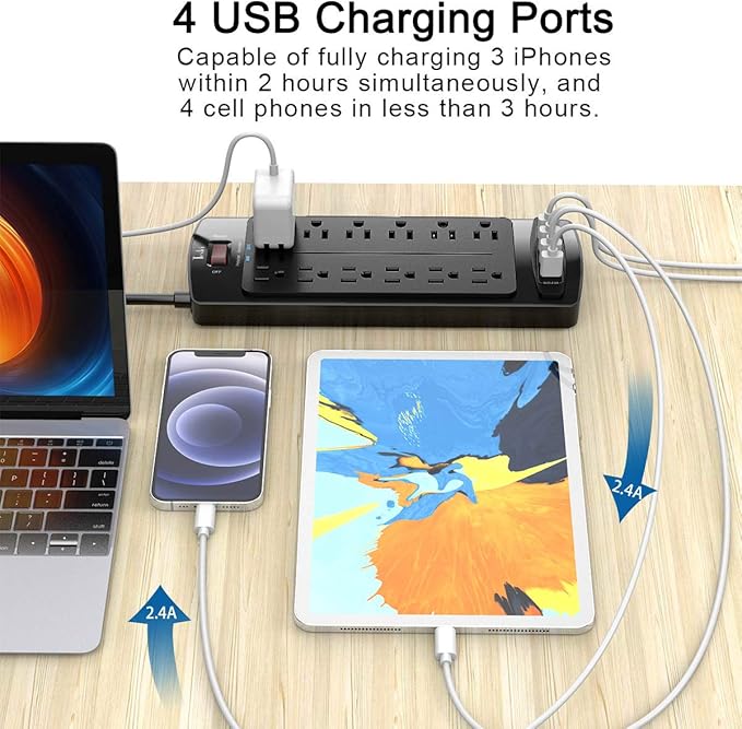 Power Strip, Tcstei Surge Protector with 12 Outlets and 4 USB Ports, 15 Feet Extension Cord (1875W/15A) for Home, Office, Dorm Essentials, 2700 Joules, ETL Listed, Black