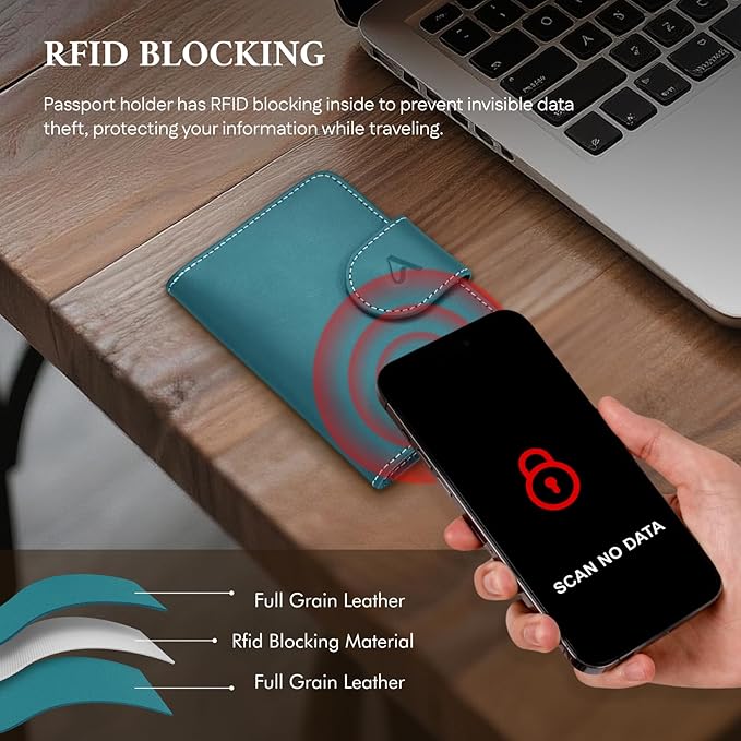 ALLIVE Rfid Passport Holder for Travel, Women & Men, Passport Cover Wallet with AirTag Hidden, Genuine Leather Passport Holder Essential for Business Travel, Airport Security (Lake Blue)