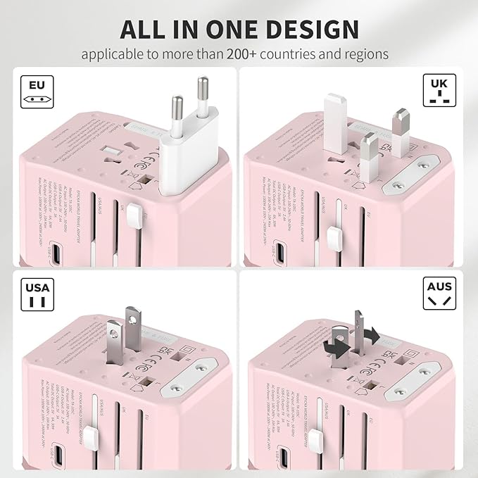 EPICKA Universal Travel Adapter, International Power Plug Adapter with 3 USB-C and 2 USB-A Ports, All-in-One Worldwide Wall Charger for USA EU UK AUS (TA-105C, Pink)