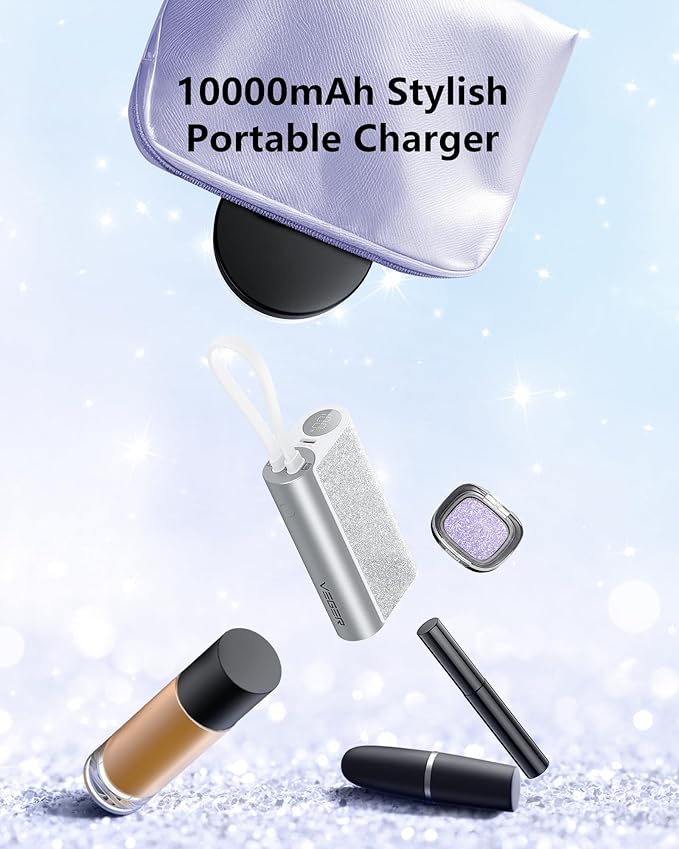 VEGER Compact Portable Charger with Built in Cable(Removable), 10000mAh Cute Power Bank 20W Fast Charging, Sparkling Battery Pack Fashion Travel Accessory Compatible with iPhone 15/14, Android-Sliver