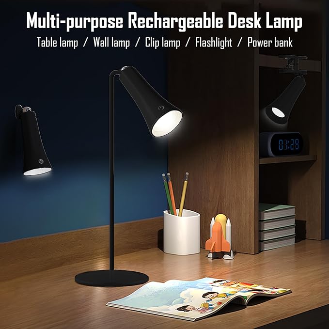5 Modes Rechargeable LED Lamp with Magnet Swivel Joint, Touch Control, Adjustable Brightness, Color, 360° Angle, Can Become Desk Lamp, Clip Lamp, Wall Lamp, Flashlight, Portable Charger (Black)