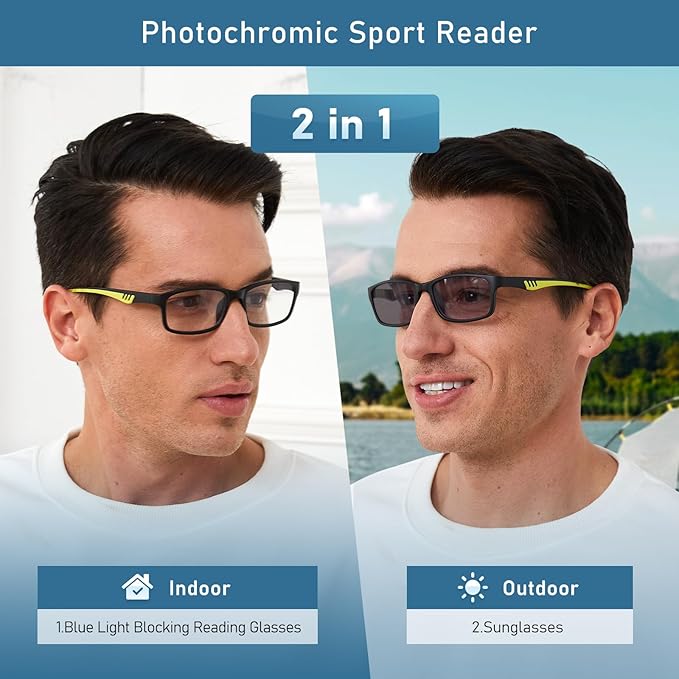 Sport Reading Glasses Men Photochromic Lens Blue Light Blocking Computer Reader Wide Style Spring Hinge Eyeglass LK6082