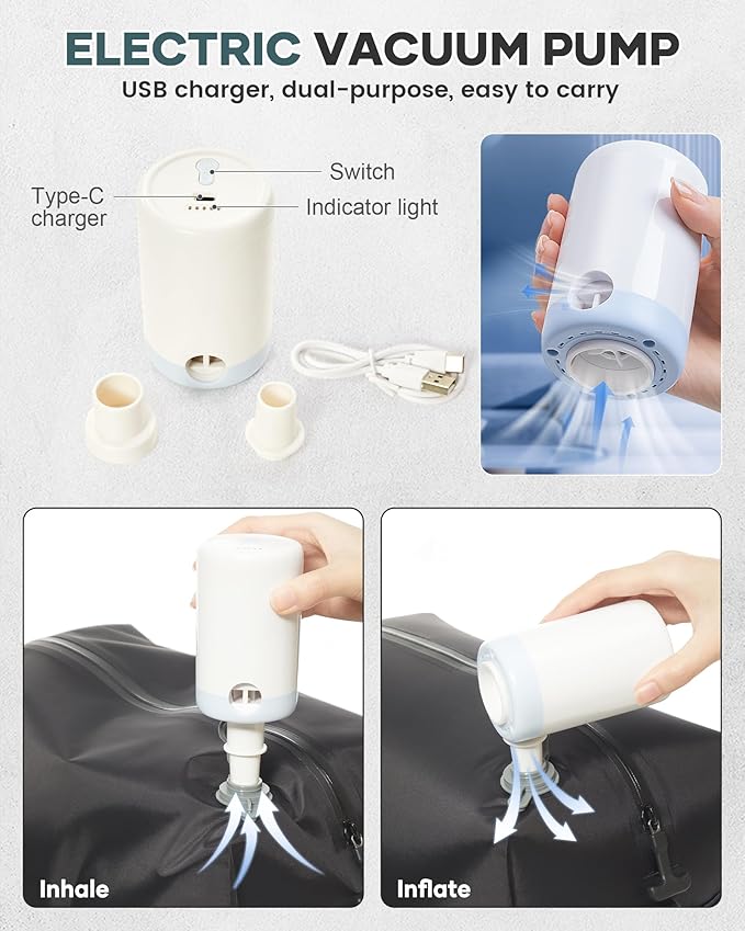 Vacuum Travel Backpack with Pump for Women, Personal Item Carry on Backpacks Flight Approved 18x14x8 inches for Men,Laptop Waterproof Work Compression bags Casual Daypack. (Blue)