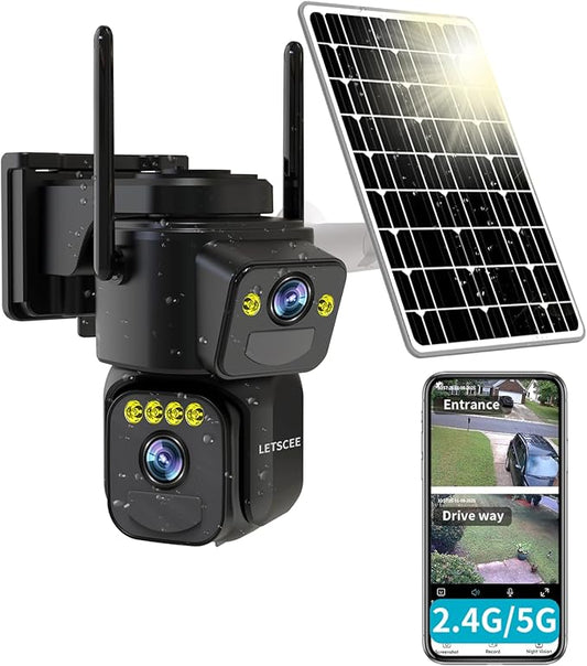Security Cameras Outdoor WiFi,5G/2.4G Cameras for Home Security Solar Power with Dual Lens,Motion Detection,Night Vision,2-Way Audio,Weather Proof,No Subscription Fee