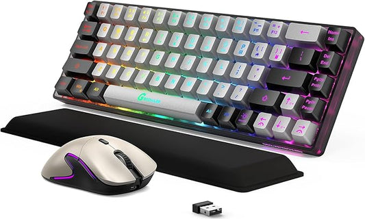 Wireless Gaming Keyboard and Mouse and Cooling Gel Wrist Rest, 68 Keys Compact Anti-ghosting No-Conflict Rechargeable Backlit Keyboard, 6D 3200DPI Mice, Cooling Gel Wrist Rest