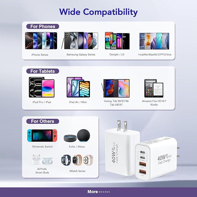 iPhone 17 16 USB C Fast Charger Block,USB C Charging Block 2-Pack 40W Type C 4in1 Multiport Fast Plug Wall Charger for iPhone 17 Pro Max/17 Air/17 Pro/16 Plus/16e/15 Pro Max/14/13/12/Xs Max/XR/X,iPad
