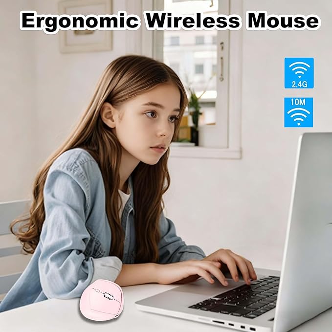 Wireless Bluetooth Mouse Vertical Ergonomic Dual Mode Rechargeable Silent Portable High Precision Optical Cordless Mice with USB Receiver for PC/Laptop/Tablet/MacBook Boy Girl,Reduce Wrist Pain（Pink）