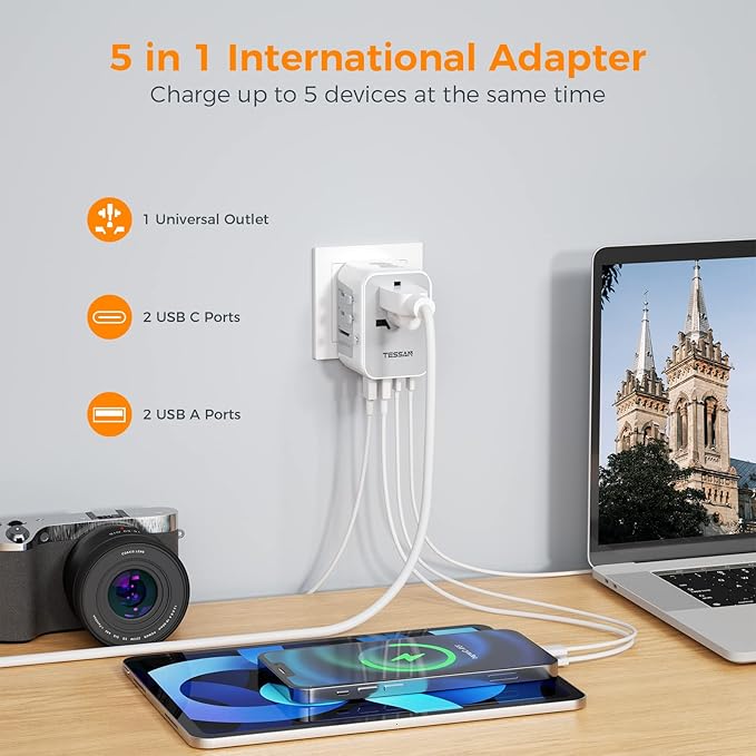 TESSAN Universal Travel Adapter 21W, International Plug Adaptor with 2 USB C Wall Charger 2 USB A Ports, Worldwide Power Outlet Travel Essentials for US to European EU UK AUS (Type C/G/A/I)