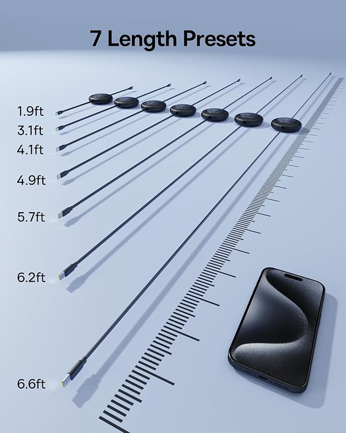 Baseus USB C to USB C Cable, 100W 6.6ft Retractable USB C Fast Charging Cable, 7-Stage Length Preset Retractable Charger Cord for iPhone 16 15 Pro Plus Pro Max, MacBook, iPad Pro, Samsung S24/S23