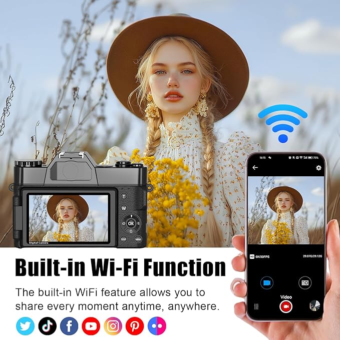 6K Digital Camera for Photography, 64MP Vlogging Camera for YouTube with 3" 180° Flip Screen, 16X Zoom Autofocus Compact Travel Beauty Cameras for Teens, with 32GB Micro SD Card