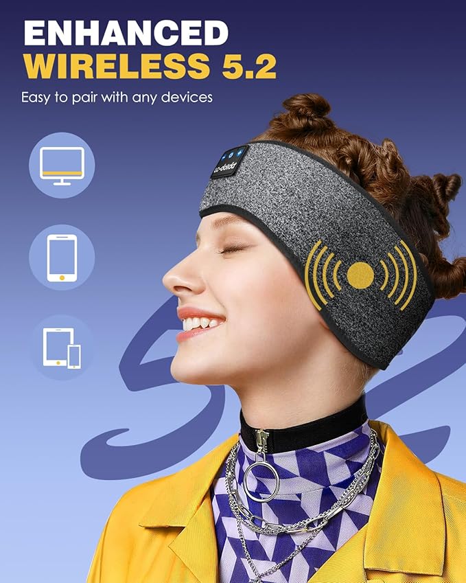 LC-dolida Sleep Headphones Bluetooth Headband Wireless Headband Headphones with Thin HD Stereo Speakers Perfect for Side Sleepers, Sport, Yoga, Travel (Fashion Grey)