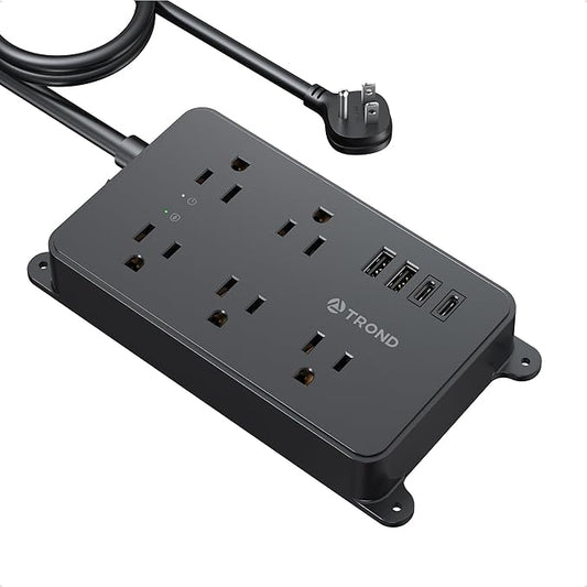 TROND Surge Protector Power Strip with USB, 10ft Extension Cord, ETL Listed, 5 Widely-Spaced Outlets with 4 USB Ports, 1300J, Low-Profile Flat Plug, Wall Mountable, 14AWG Heavy Duty, Black