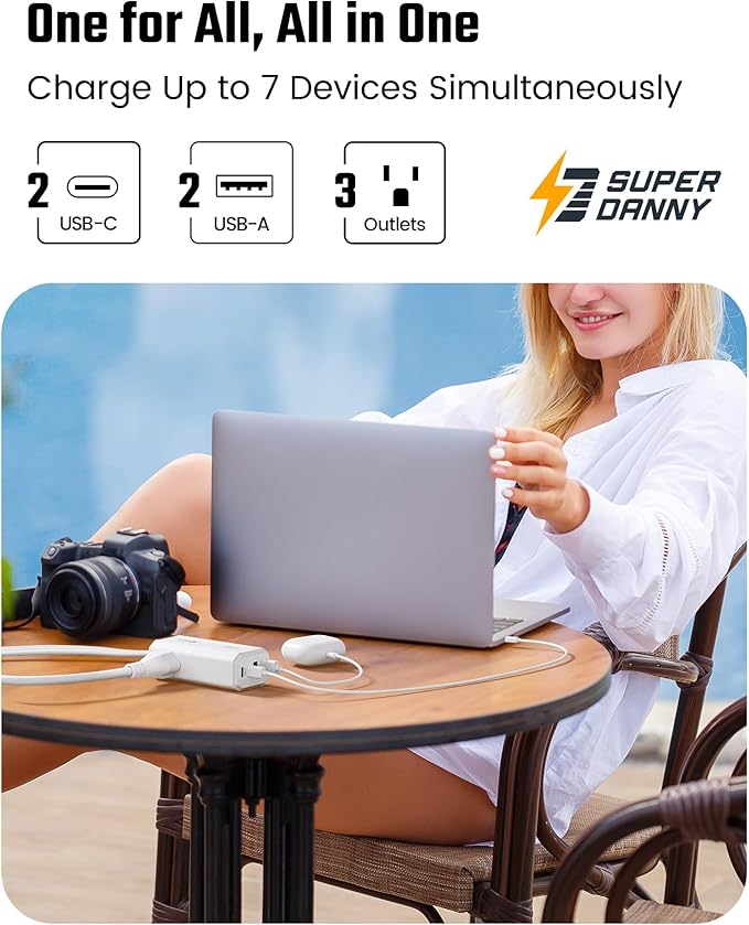 SUPERDANNY Detachable Travel Power Strip,45W USB Fast Charge,2 USB-C & 2 USB-A with 3 Outlets Flat Plug Extension Cord 5ft,Portable Charger for Travel Essentials for Travel Cruise Home, White