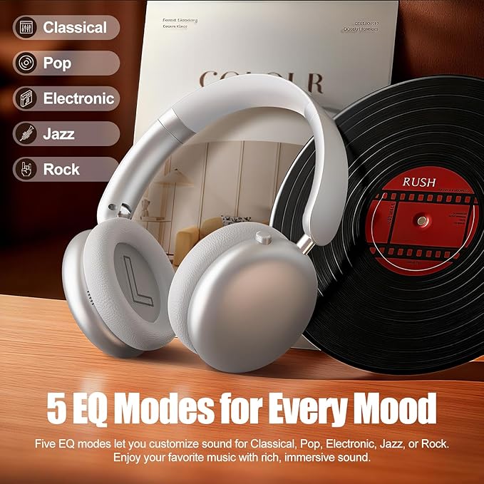 Wentronic Y06 Noise Cancelling Headphones,58H Playtime and 5 EQ Music Modes Wireless Over Ear Bluetooth Headphones with Microphone,Lossless Audio,Multipoint Connection,Foldable,Lightweight,Silver