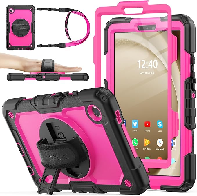 SEYMAC stock Case for Samsung Galaxy Tab A9 8.7'', Full-Body Drop Protection Case with Screen Protector Pencil Holder [360° Rotating Hand Strap] &Stand, Pink+Black
