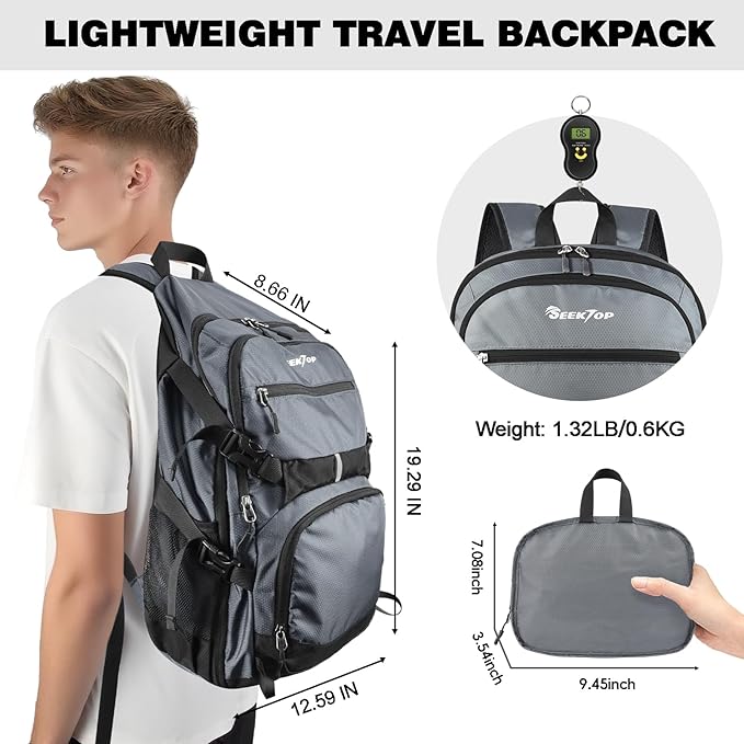 Seektop 40L Hiking Backpack Foldable Daypack for Women Men, Lightweight Travel Backpack Carry on Flight Approved for Camping School Work Business Leisure (Gray)