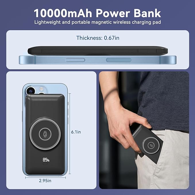 Magnetic 10000mAh Portable Charger for iWatch & iPhone, 22.5W USB C Fast Charging Wireless Power Bank Built-in Cables and Wall Plug, External Travel Battery Pack Compatible with iOS Android Devices