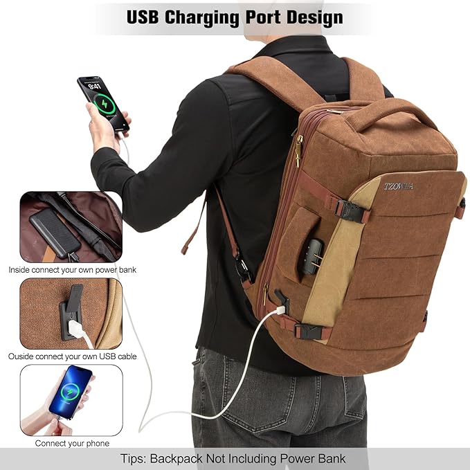 Tzowla 40L Canvas Travel Laptop Backpack for Men Women Carry on Flight Approved,Large Capacity Anti Theft Backpacks with USB Port,Vintage Business Rucksack Bag Fit 17.3 Inch Laptop(Brown & Khaki)