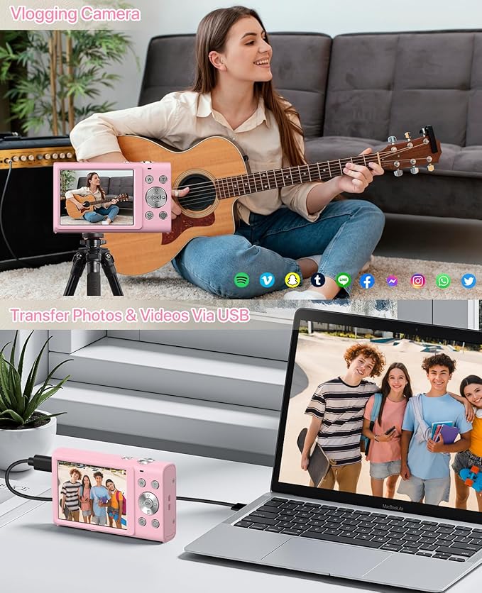 Digital Camera, 4K Vlogging Camera for YouTube Autofocus Cameras for Photography with 16X Digital Zoom, 48MP Compact Point and Shoot Digital Camera for Teens Adult with 32GB SD Card, 2 Batteries-Pink