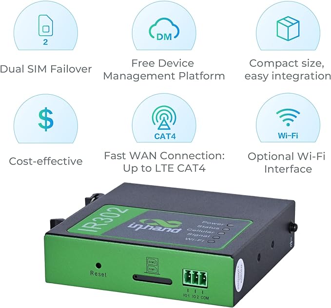 InHand Networks IR302 Industrial IoT 4G LTE VPN Cellular Router, LTE Cat 4+ Wi-Fi, Dual sim Card Slots, Management by Cloud Platform, DI/DO Port, Support T-Mobile, AT&T & Verizon, UL Certification
