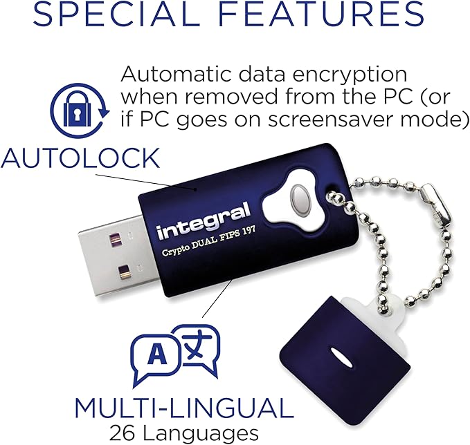 Integral 32GB Crypto-197 256-Bit Hardware Encrypted 3.0 Secure Dual Password Flash Memory Drive - Certified to FIPS 197, Brute-Force Password Attack Protection & Rugged Double-Layer Waterproof Design
