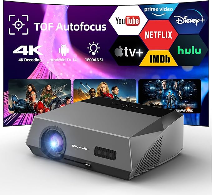 Daytime Projector 4K Ultra HD, Bright 1800ANSI High Lumen, HDMI ARC, HDR10+, Smart LED Android TV Projector' with WiFi Bluetooth Apps ToF Auto Focus Voice Remote, Ceiling for Home Theater Movie Gaming
