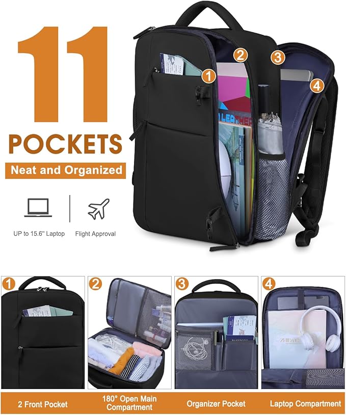 Capolo Travel Backpack for Women Men Waterproof Laptop Backpack Airlines Approved Personal Item Backpack Bag Computer Bookbag for Business, Work, Traveling Fits 15.6 Inch Laptop(Black Zipper)