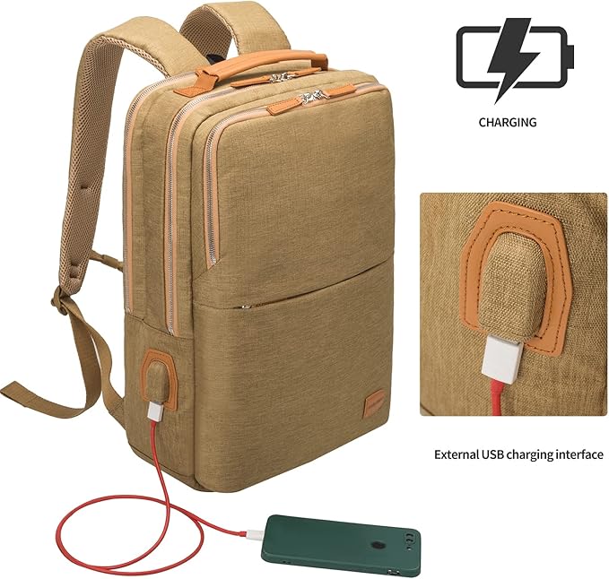 NOBLEMAN Large Laptop Backpack, Modern Water Resistent Travel Business Computer Backpacks with Multi-Compartment Pockets, Fits15.6 Inch Laptop Backpack with USB Charging Port Men Women(Khaki Plus