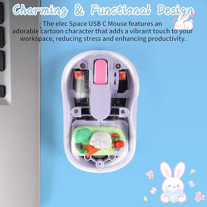 elec Space Cute Wireless USB C Mouse - Bluetooth Triple Mode Rechargeable Cartoon Mouse for Laptops, iPads & MacBook Air/Pro - Silent Operation, Portable Design, Unique Magnetic Character (Purple)