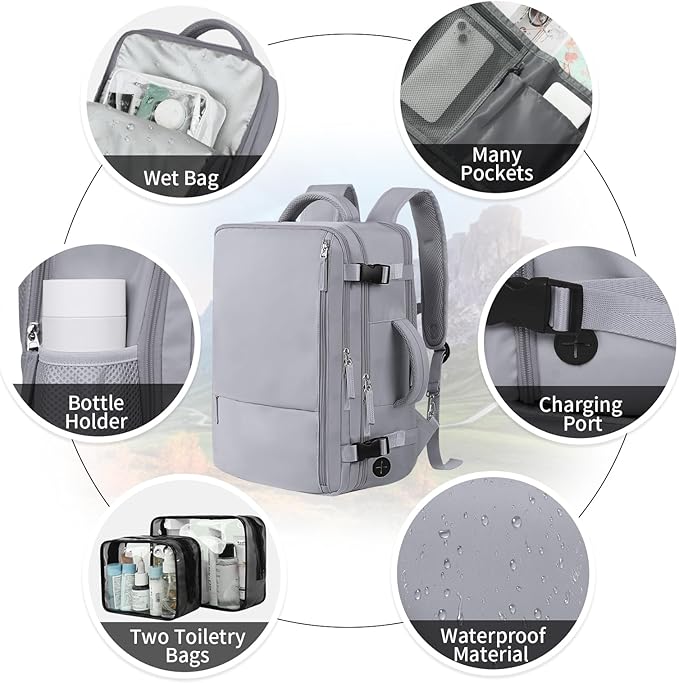 Hanples Large Travel Backpack for Women as Person Item Flight Approved, 35L Carry on Backpack,17 Inch Laptop Backpack with USB Charging Port, Travel Essentials with 2 Toiletry Bags (Gray)