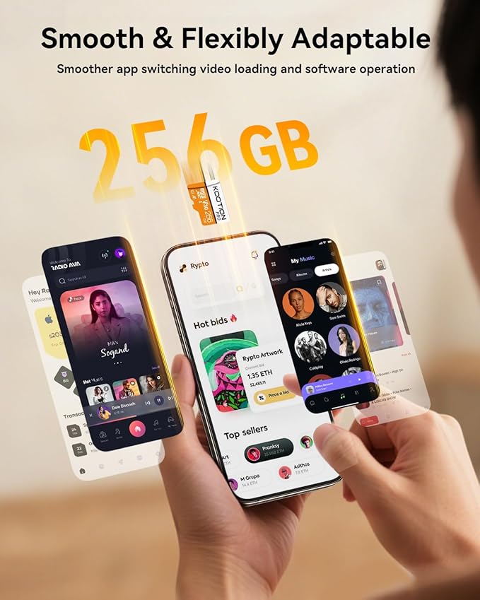 KOOTION Micro SD Card 256GB U3 TF Card with Adapter, V30, A1, Full HD, 4K UHD, UHS-I microSDXC Flash Memory Card for Smartphone