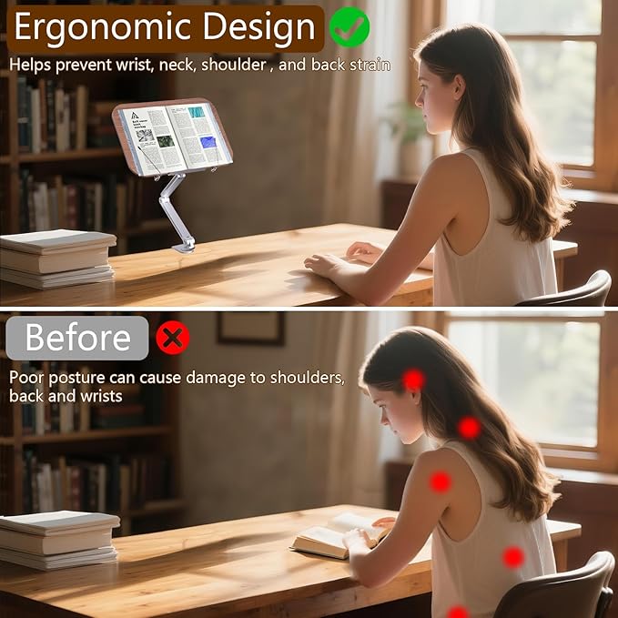 ASIEIT Book Stand for Reading, Wood Desk Clamp Book Holder, Cookbook Stand for Kitchen, Recipe Book Stand with Clamp, Height and Angle Adjustable, Foldable and Portable for Office, Bible, Recipe