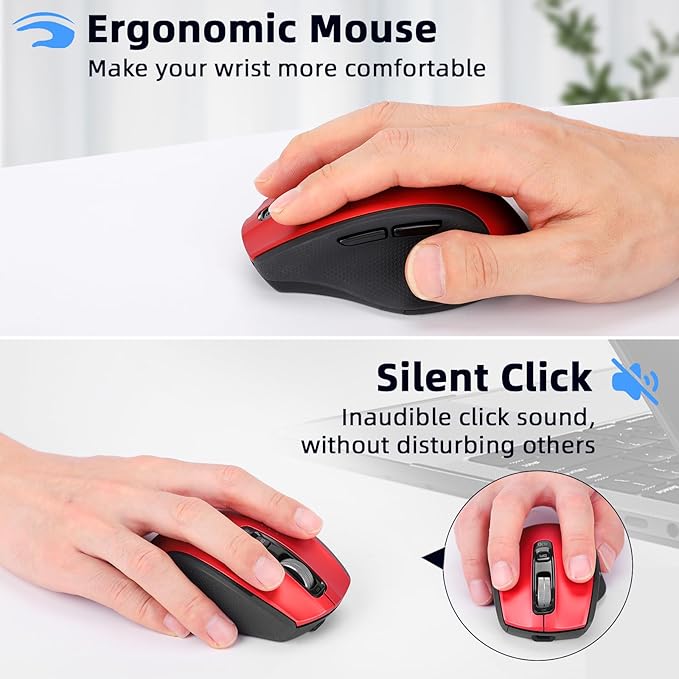 Wireless Bluetooth Mouse with USB A, USB C Receiver, Rechargeable, Multi Device Mouse, Silent, Ergonomic, Full Size, Portable, for iPad/MacBook/PC/Computer/Laptop-Red