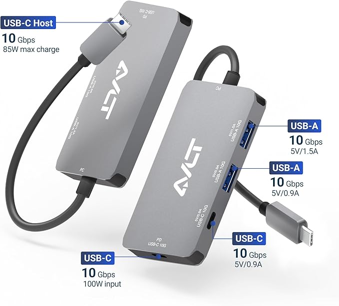 AVLT 4-Port USB 3.1 Gen 2 Type C 10G Hub with 85W PD Charging - Portable Multiport Adapter – Fast Data Transfer and Charging for MacBook, Laptop, PC, iPad (Does NOT Support USB-C Monitor)