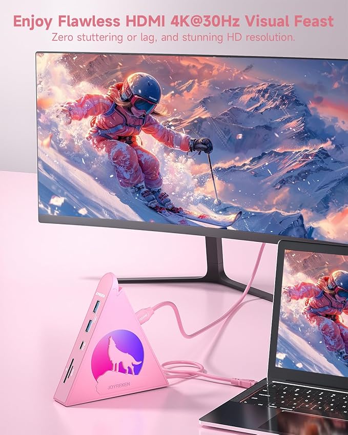 Pink USB C Hub, 8-in-1 Type C Hub with 4K HDMI, 100W Power Delivery, 5Gbps USB-C, 3xUSB-A 3.0, SD/TF Card Reader, RGB Lighting, Pink Dock for MacBook Air/Pro, iPad, iPhone16, Surface, XPS, etc.