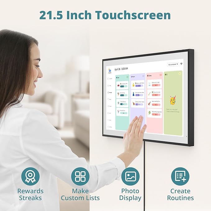 Digital Calendar 21.5 Inch Touch Screen, Electronic Wall Calendar Chore Chart for Family Monthly/Weekly Planner, Interactive Display Smart Calendar for Home Organization, Desk Mount Included - Black