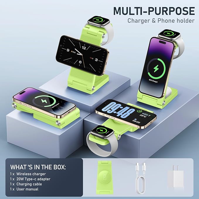 Magnetic Wireless Charger Stand, 3 in 1 Foldable Wireless Charging Station, Travel Charger for Multiple Devices for iPhone 15 14 13 12 Series, Apple Watch Ultra/SE/9/8/7/6/5/4/3/2, AirPods