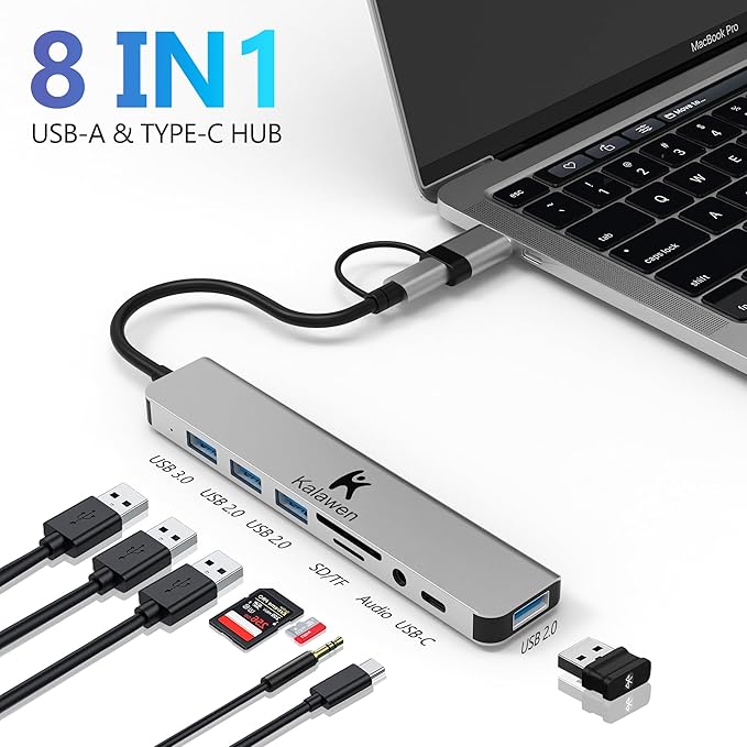 Kalawen USB C Hub USB Hub 3.0, Aluminum 8 in 1 USB Splitter with 1 x USB 3.0, 3 x USB 2.0 and 1 x USB C, SD/TF Card Reader, 3.5mm Aux Ports for MacBook/Pad Pro Laptop Devices