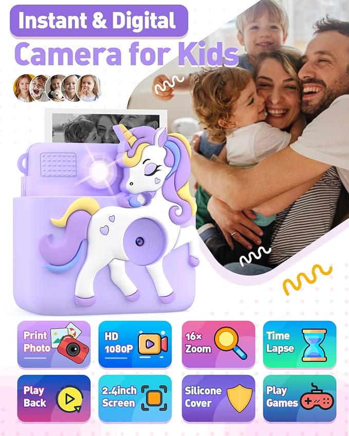 Kids Camera Instant Print Gifts for Girls Age 4-12, Instant Camera for Kids with Silicone Cover, 1080P Kids Digital Camera Toys for 3 4 5 6 7 8 9 10 Years Old Girls 32GB Card Lilac