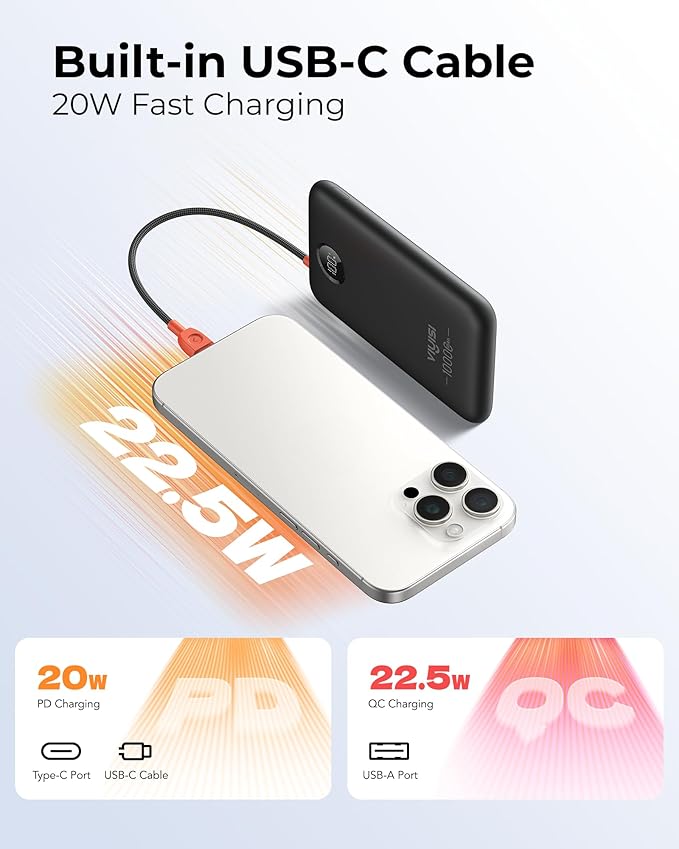 Slim Portable Charger 10000mAh, Travel Power Bank with Built-in USB-C Cable & LED Display, 22.5W Fast Charging Battery Pack Compatible with iPhone 16 15 Samsung S24 S23 -Black
