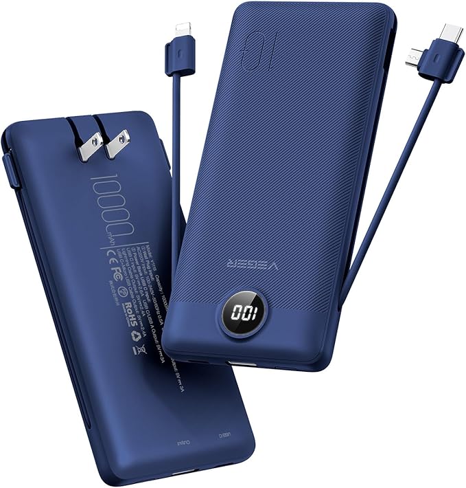 VEGER Portable Charger with Built-in AC Plug and Cables, All in One 10000mAh Ultra-Slim Power Bank, 15W Fast Charging for iPhone, Samsung, Android, Travel Essential (Navy)