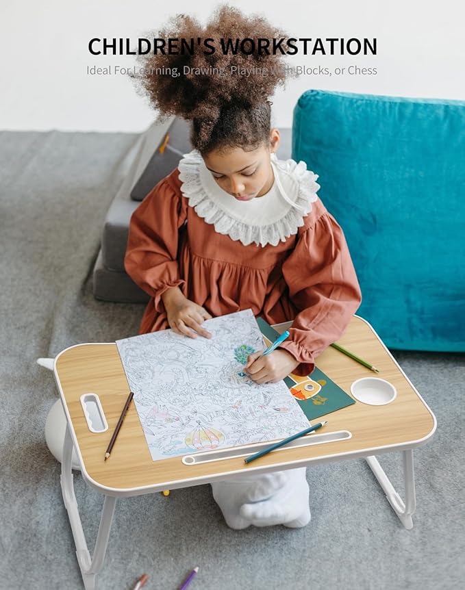 Laptop Bed Desk, Foldable Lap Table, Portable Study Table, Laptop Stand with Cup Holder & Tablet Slot & Lifting Handle for Working Writing Drawing & Eating - Wood