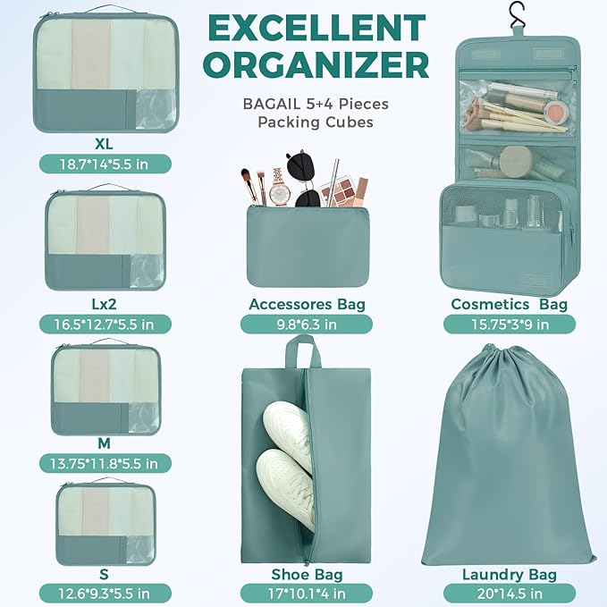 BAGAIL 9 Set Packing Cubes Luggage Packing Organizers for Travel Accessories